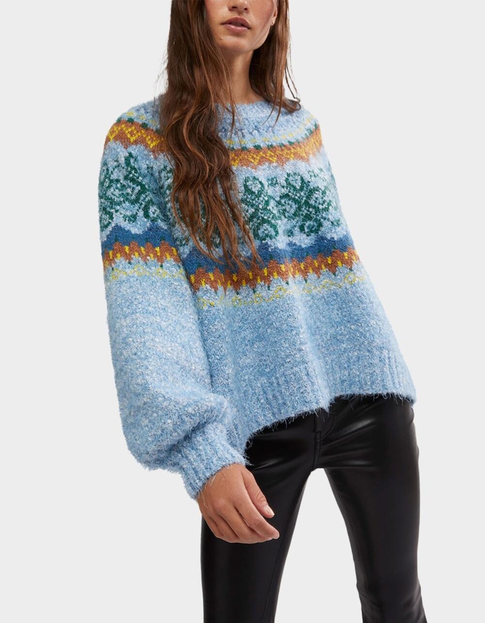 Free People Festive Frost Fair Isle Oversized Fuzzy Blue Sweater Knit L